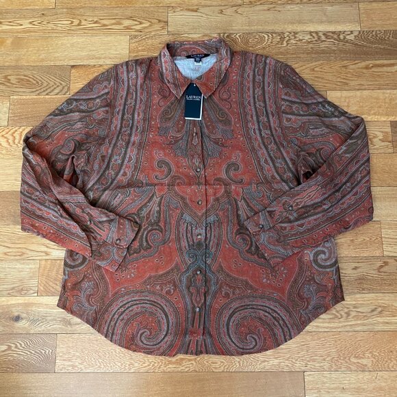 Lauren Ralph Lauren Women Orange Paisley Challis Shirt Long Sleeve Size XXL NWT - Picture 1 of 9